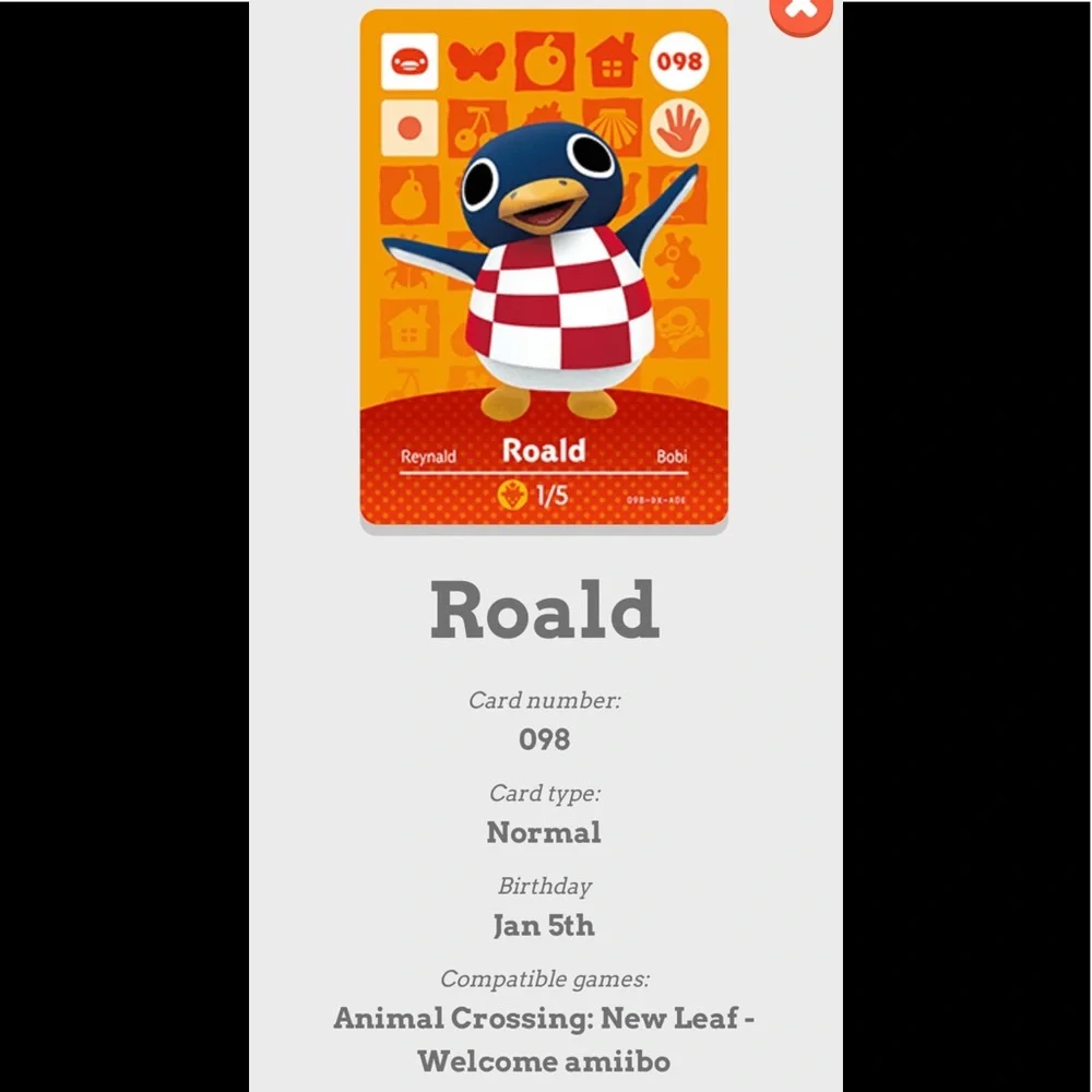 Animal Crossing #098 Roald Amiibo Card